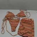 GORGLITTER Women's 3 Pieces Bathing Suit Sets Striped Triangle Top and High Cut Thong Bikini Set with Cover Up Shorts Size Medium