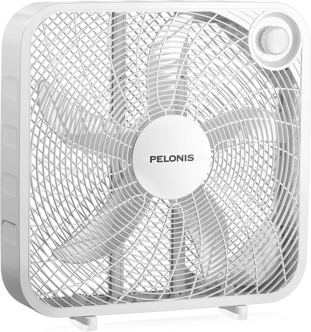 PELONIS 20 Inch Box Fan  3 Speeds, Window Fans, Floor or Tabletop, 25ft/s, 2025 Upgraded, Superior Air Throw (2295 CFM), Lightweight, 5 Blades, Fans for Bedroom, Office, Living Room, Garage (White)