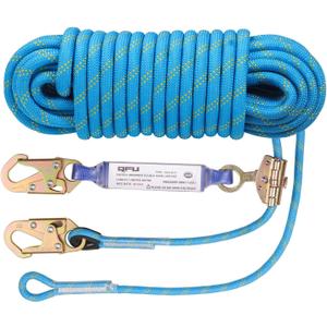 Heavy Duty Fall Protection Rope for roof & tree climbing. Includes safety harness, alloy steel clips, shock-absorbing lanyard