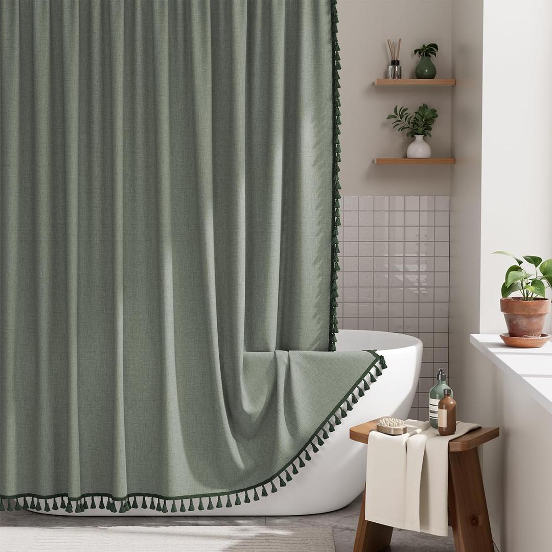 AmazerBath Farmhouse Shower Curtain, Sage Green Linen Shower Curtain with 3 Side Green Tassel, Boho Shower Curtain Set with 12 Upgraded Hooks for Neutral Country Bathroom, 72x72 Inches