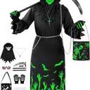 Invoibler Halloween Grim Reaper Costume Set for Kids Glow in the Dark Robe Scary Costumes with Scythe Glowing Red Eyes (M(45in,Age:8-10))