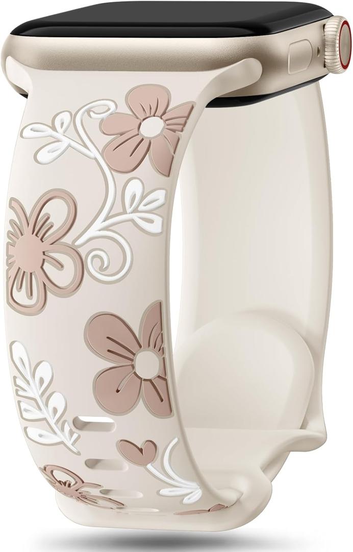 Witzon Floral Band Compatible with Apple Watch Bands For Women 40mm 41mm 38mm 42mm 44mm 45mm 46mm 49mm, Engraved Cute Flower Silicone Dressy Strap for iWatch Series 11 10 9 8 7 6 5 4 3 2 SE Ultra
