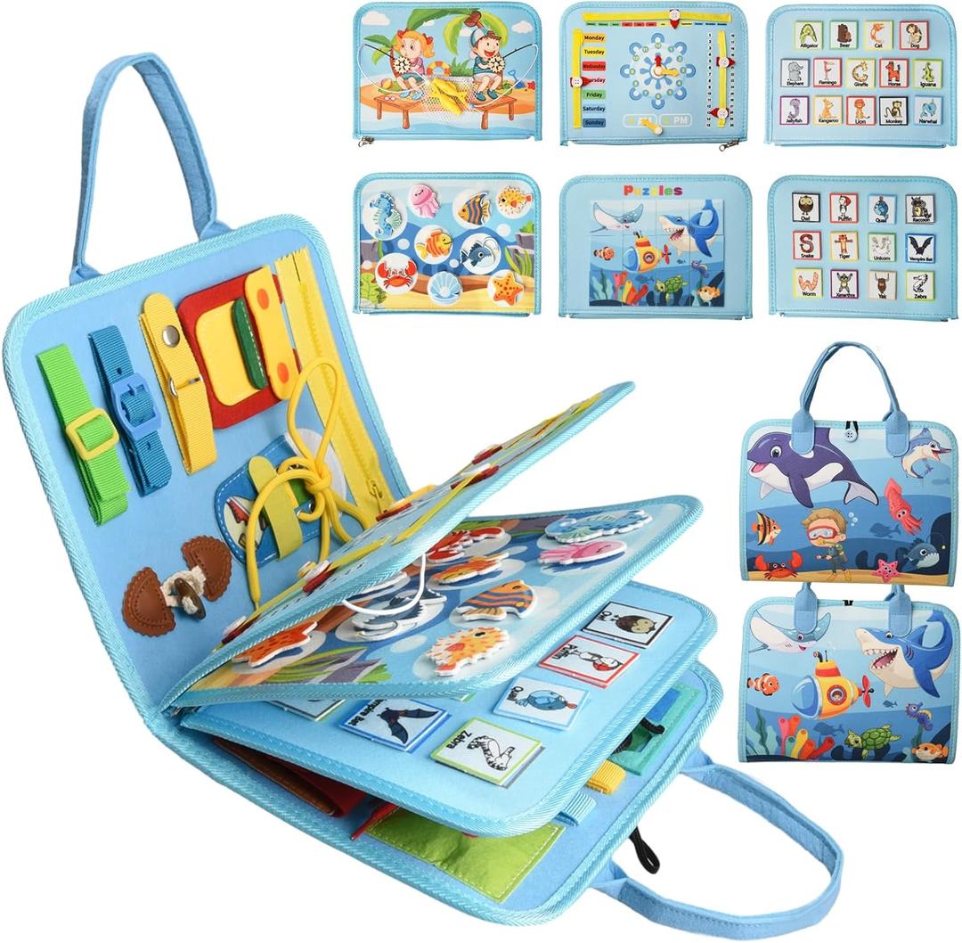 Busy Board Montessori Toys for 1 2 3 4 Year Old Boys & Girls Birthday Gifts, Toddlers Sensory Educational Travel Activities Busy Book with Fishing Game & Alphabet Puzzle & Fine Motor Skills (Light Blue)