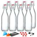 7 Pack [1 L / 33 fl. oz.] Swing Top Glass Bottles w/ Airtight Stopper Lids – Flip Top Brewing Bottle for Fermentation, Kombucha, Mead, Vinegar, Beer, Kefir, Wine, Soda – With 8 Extra Seals & 2 Pourer