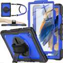 SEYMAC stock Case for Samsung Galaxy Tab A8 10.5'', Full-Body Drop Protection Case with Screen Protector Pencil Holder [360 Rotating Hand Strap] &Stand, Blue+Black