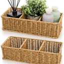 Covzoe 2 Pack Wicker Storage Basket, 3 Compartments Plastic Toilet Tank Topper Woven Basket, Rattan Storage Container Countertop Organizer for Bathroom Bedroom Decor, Tan
