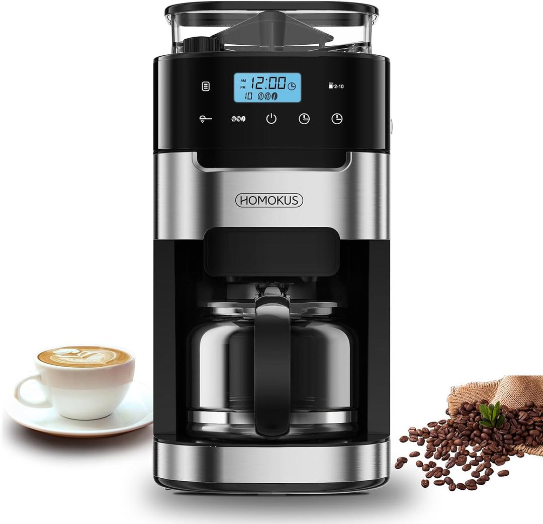 HOMOKUS 10-Cup Coffee Maker with Grinder, Touch Screen, Automatic Brew, Warming Plate, 1.5L Water Tank, Removable Filter