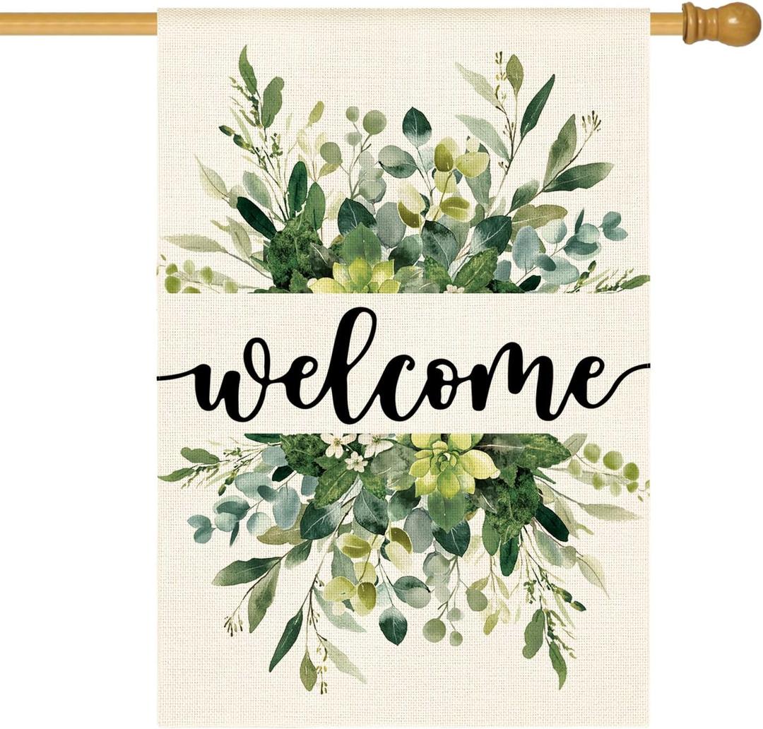 AVOIN colorlife Spring Summer Floral Welcome House Flag 28x40 Inch Double Sided Outside, Eucalyptus Seasonal Farmhouse Yard Outdoor Flag