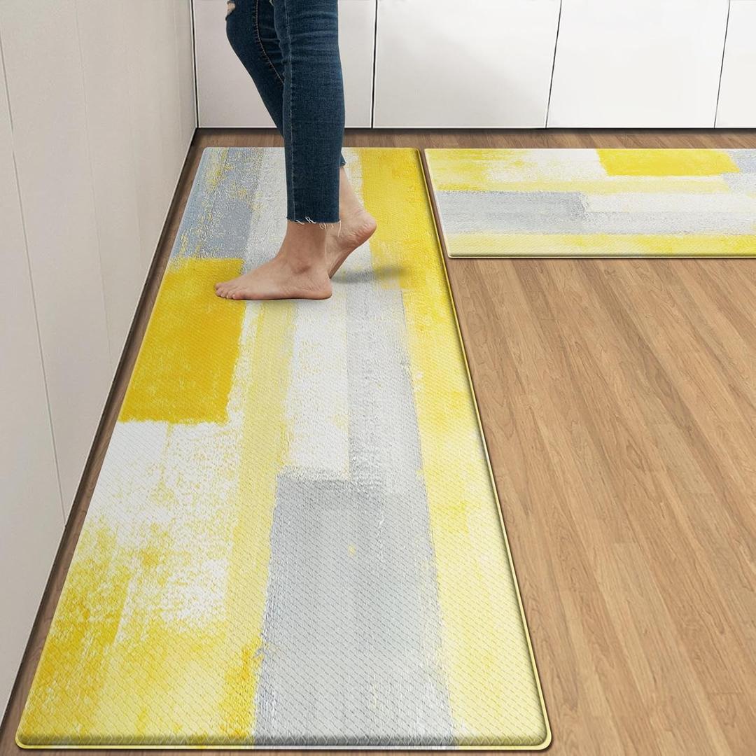 Arttown Gray Yellow Anti-Fatigue Kitchen Rug Set of 2 Office Contemporary Abstract Cushioned Floor Standing Mat Waterproof Non-Slip Kitchen Mat and PVC Ergonomic Comfort Foam Rug (17.3 x 47 inch + 17.3 x 29 in)