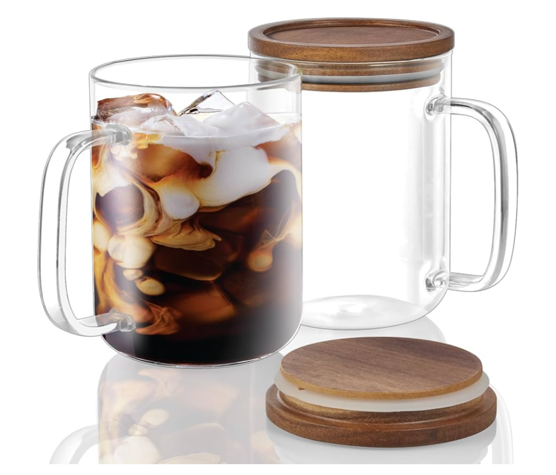 DRASTAR Glass Coffee Mugs, 20 oz Clear Coffee Cups, Coffee Mug with Acacia Wood Lid, Tea Glass Cups with Handles, Large Coffee Mug Set of 2, Glass Coffee Cups for Latte, Espresso, Tea