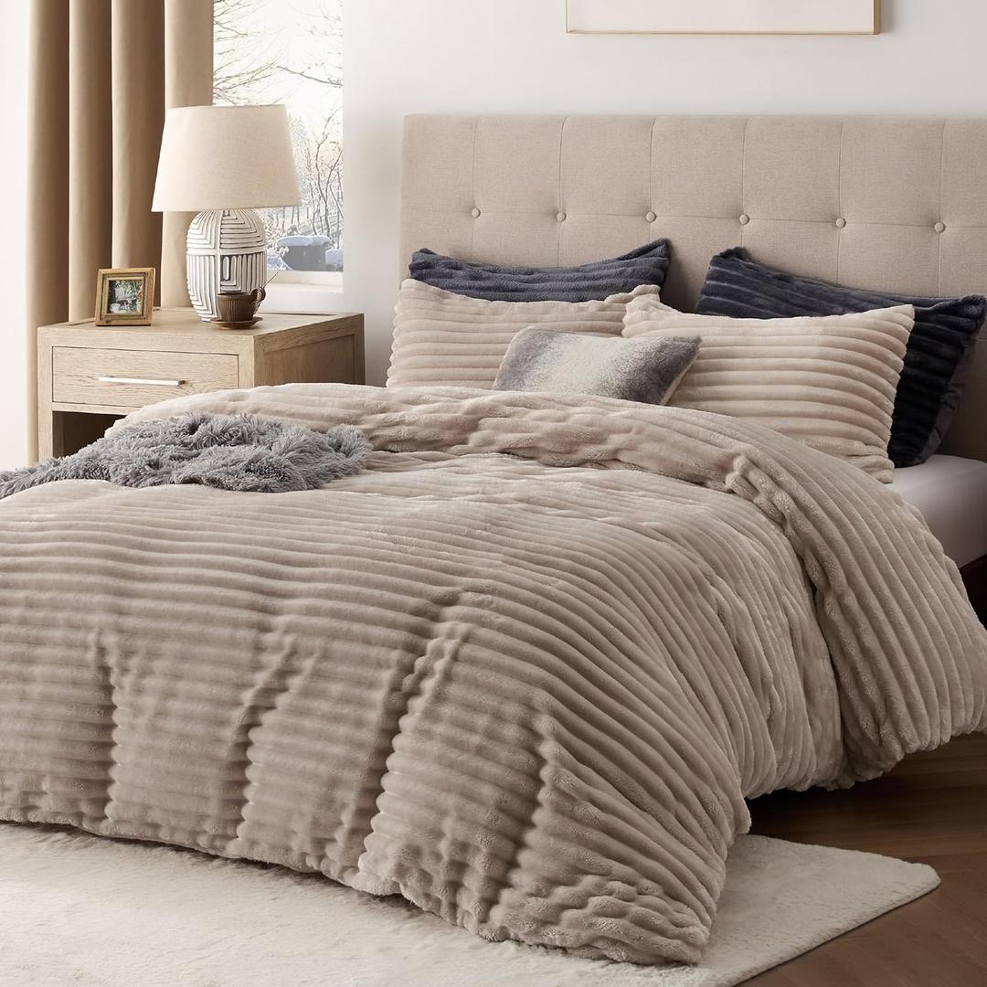 Bedsure Fluffy Duvet Cover Set - Ultra Soft Plush Shaggy Comforter Cover Queen Size, Warm Flannel Fleece Bed Sets for Winter, 3 Pieces (Striped Pattern, Khaki) (Queen (90" x 90")