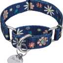 Martingale Collar Floral Print Puppy Dog Collar - No Pull Pet Collar, Heavy Duty Adjustable Dog Collar, Small, Neck 11 Inch -15.5 Inch, Elegant Flowers (Dark Blue)