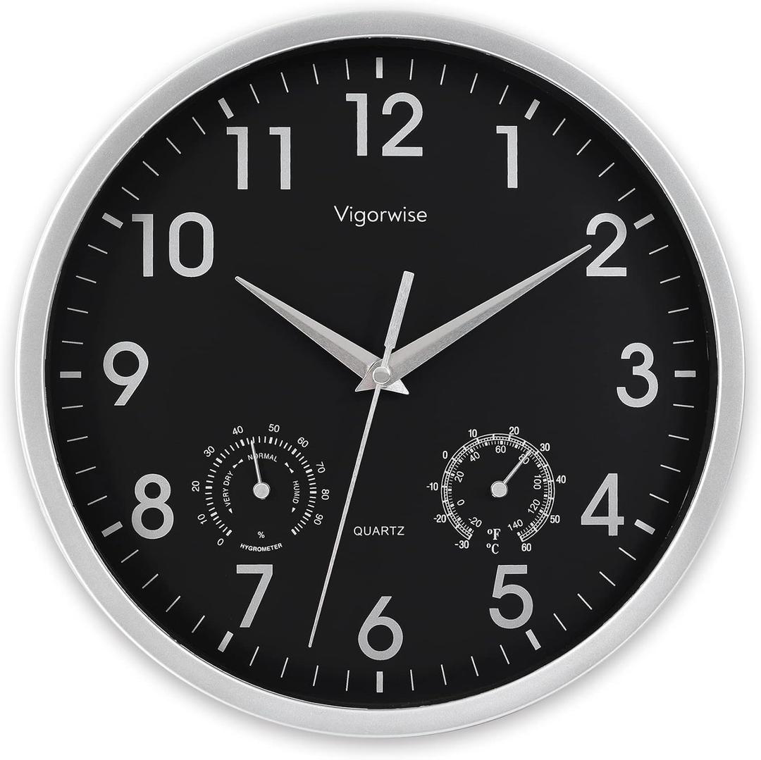 Wall Clock, Sweep Silent Movement Accurate Clocks with Temperature & Humidity, Decorative for Kitchen/Living Room/Bedroom/Office/Bathroom/Classroom (Silver, 10 inch) (10 inches)