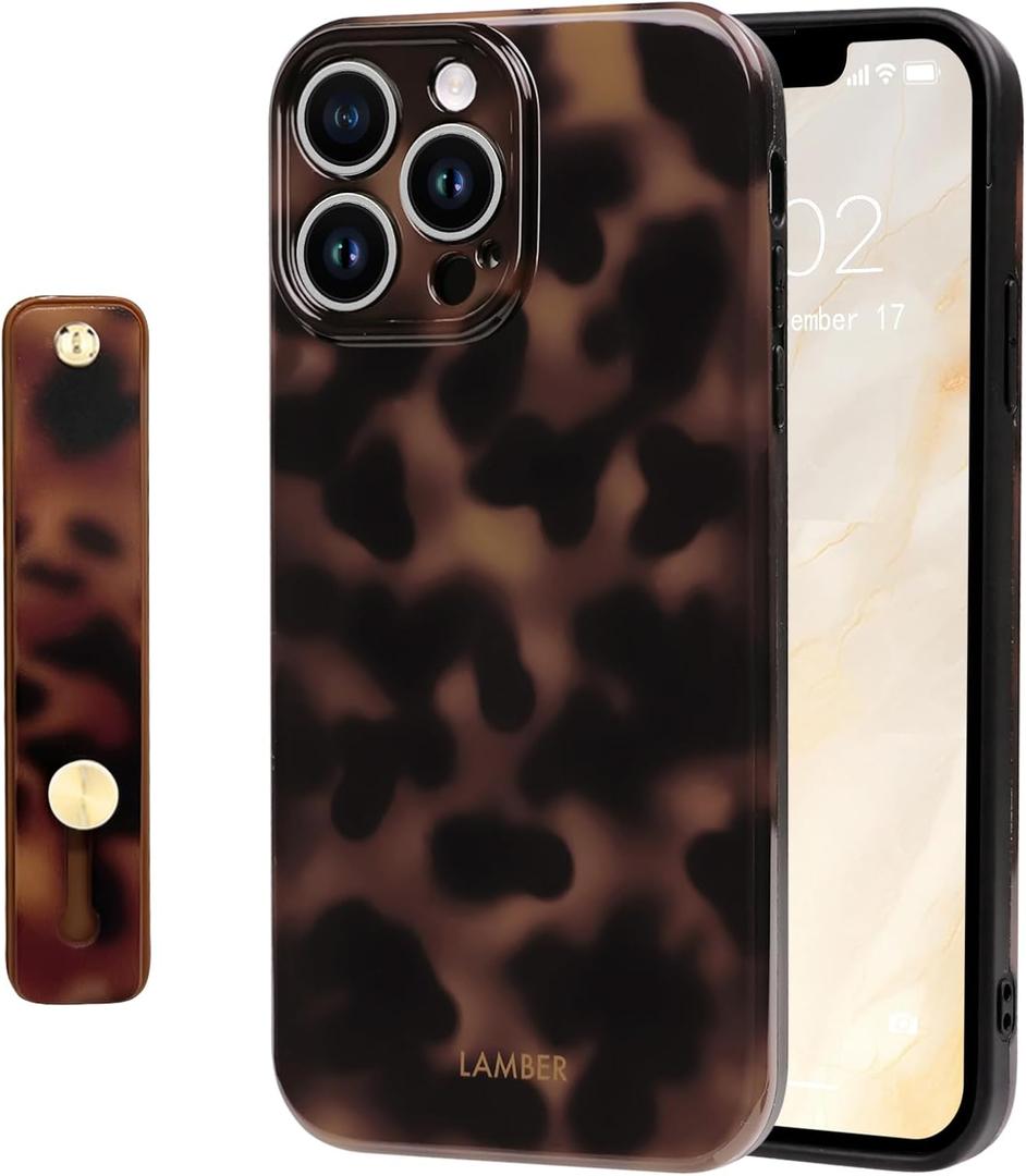 NITITOP Compatible with iPhone 13 Pro Case with Wrist Strap Cute Stylish Leopard Aesthetic Tortoise Amber Design for Women Girls Men Soft TPU Shockproof Protective Cover - Brown Leopard