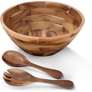 12.2" Large Salad Bowl with Serving Utensils, Acacia Wooden Salad Serving Bowl Set with 2 Wood Hands, Wooden Bowls Decorative, Large Serving Bowls for Fruits, Salad and Pasta (Acacia color)