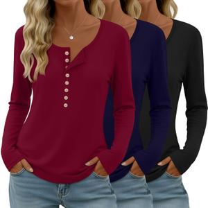 Velvelhall 3 Pack Women's Long Sleeve Henley Shirts Button U Neck Tops Casual Layering Tee Blouse 2025 Fall Trendy T-Shirts(Black, Navy Blue, Red,XX-Large)