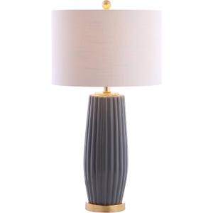 JONATHAN Y 28.5" Gray Modern Ceramic Table Lamp for Living Room Bedroom, Fluted Bedside Nightstand Lamp with White Linen Shade, Gold Base, LED Bulb Included (JYL5045B)
