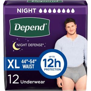 Depend Night Defense Adult Diapers, Incontinence Underwear for Men, Disposable, Overnight, Extra-Large, Grey, 12 Count