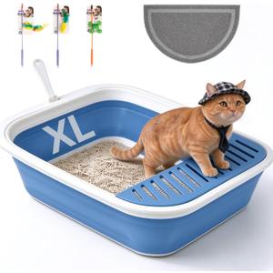 PAWISE Foldable Cat Litter Box, 20.9"x15.6"x5.5" Large Travel Litter Pan,Collapsible Litter Box with Low Entry for Kittens, Adult & Senior Cats, Anti-Splash Box with Scoop, Teaser Wand and Mat(Blue)