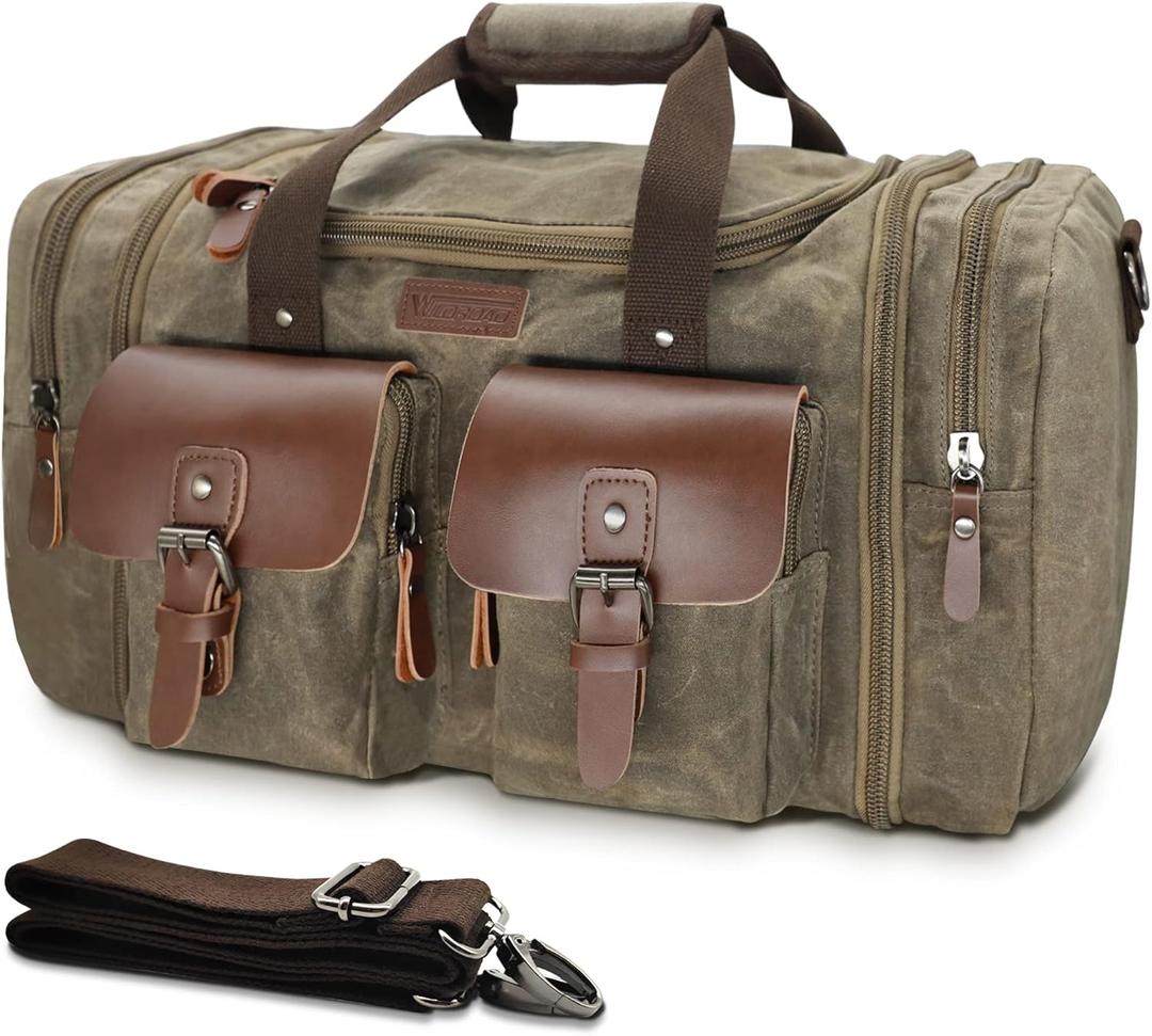 Wildroad Waxed Canvas Duffle Bag - 60L Waterproof Genuine Leather Weekender Overnight Travel Hand Bag (Vintage Grey)