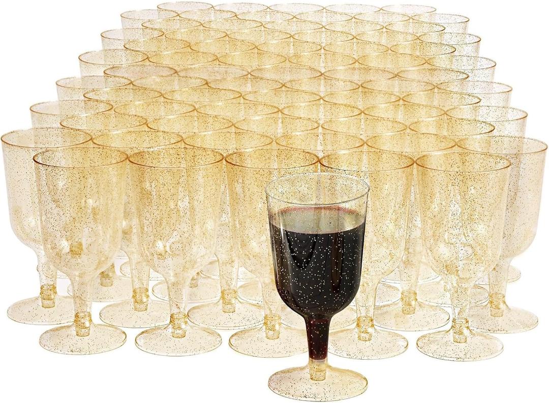 MATANA 100 Plastic Wine Glasses, Gold Glitter 6oz - Gold Wine Glasses, Plastic Wine Cups - Elegant, Sturdy & Reusable Plastic Goblets for Cocktail Parties, Wine Tasting, Weddings, Bridal Shower