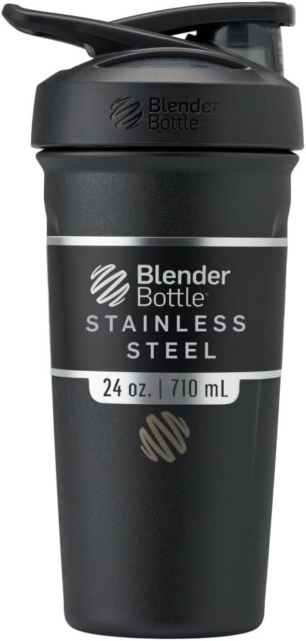 BlenderBottle Strada Shaker Cup Insulated Stainless Steel Water Bottle with Wire Whisk, 24-Ounce, Black