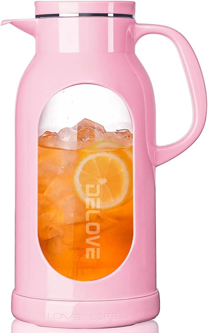 Delove 68 oz/ 2 Liter Glass Pitcher with Shatterproof Shell - Heat Resistant Glass Liner - Stainless Steel Lid - Carafe & Jug for Iced Tea, Hot/ Cold Water, Homemade Juice Beverages (Pink)