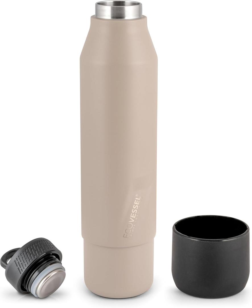 EcoVessel Stainless Steel Bottle with Removable Cup, Vacuum Insulated Thermos for Hot and Cold Drinks, with Folding Handle for Travel and Camping, 25oz (Stone)