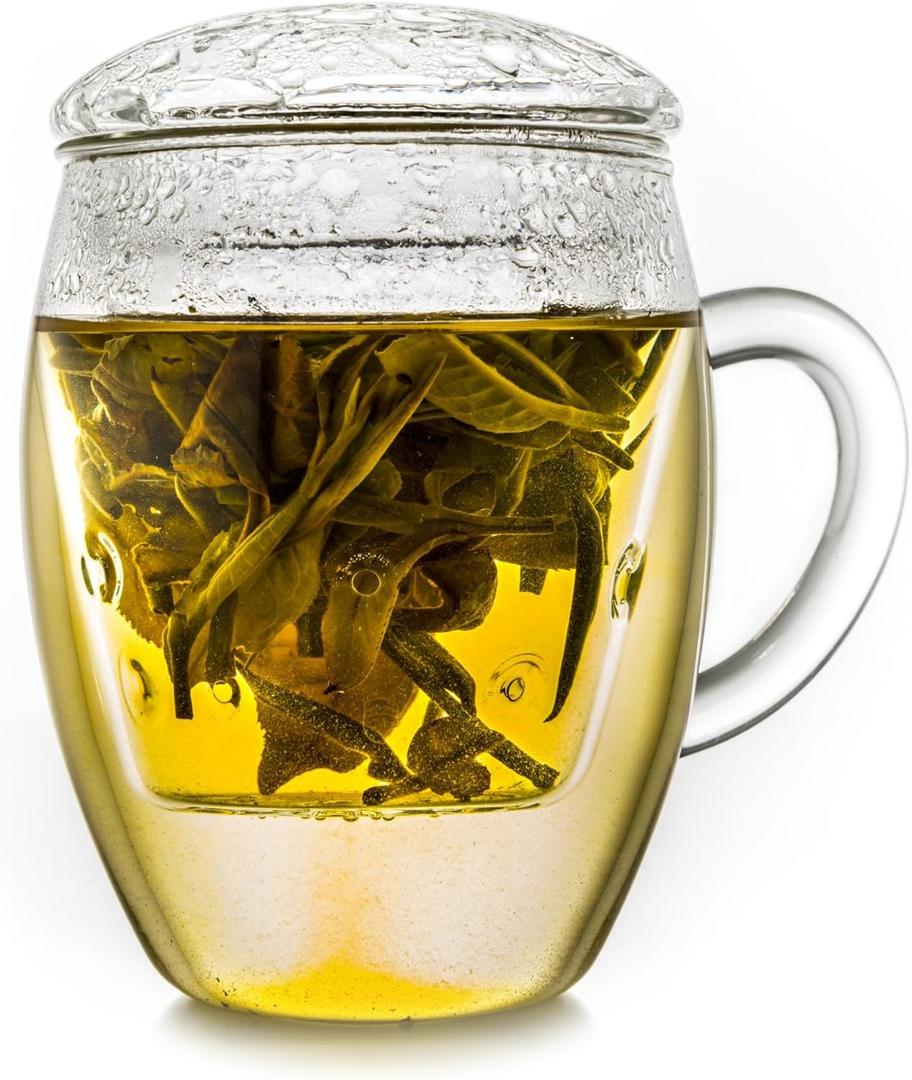 Creano Tea Glass with Infuser and Lid 400ml - Large Tea Cup - Microwave & Dishwasher Safe - Loose Leaf Tea Maker Gift Set (1 Piece (Pack of 1))