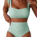 Herseas Women's Tie Shoulder Bikini Sets 2 Piece Striped Swimsuits High Waisted Bathing Suits (Medium)