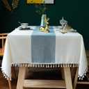 Oubonun Tablecloths for Rectangle Tables, Cotton Linen Waterproof Farmhouse Table Cloth with Boho Tassels  Wrinkle Free, Wipeable & Washable for Kitchen & Dining, 55''x86'', 6-8 Seats (Beigeblue Stripe)