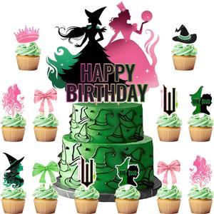 25Pcs Witch Birthday Cupcake Toppers,Pink and Green Birthday Party Supplies Cake Decorations,Funny Princess Bow Cake Toppers for Graduation Party Decoration