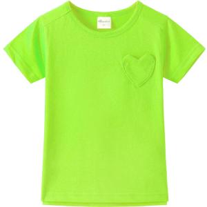 Noomelfish Girls Short Sleeve Heart Pocket T-Shirts Casual Cotton Tee Tops Blouse, Neon Green, Size 11-12 Years
