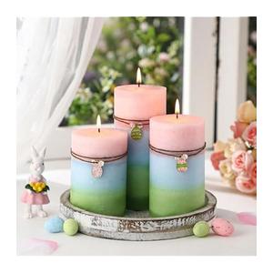 Threlaco Set of 3 Easter Pillar Candles Decorative Vanilla Flavor Pillar Candles with Rabbit and Easter Egg Ornaments Blue and Green Layered Clean Burning for Decor Party Room, 3 Sizes
