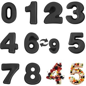 9 Pack Large Number Cake Pans, 3D Silicone Cake Pans 10 inch Number of 0-8, DIY Personalized Cake Pan for Birthday Wedding AnniversaryBlack