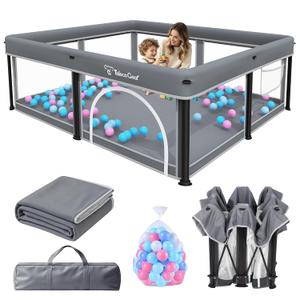 TOREVSIOR Foldable Baby Playpen with Mat, 50"×71" F oldable P laypen for Babies and Toddlers, Indoor & Outdoor Kids Safety Play Pen, Portable Play Yard, Foldable Baby Playpen with 50 Ocean Balls