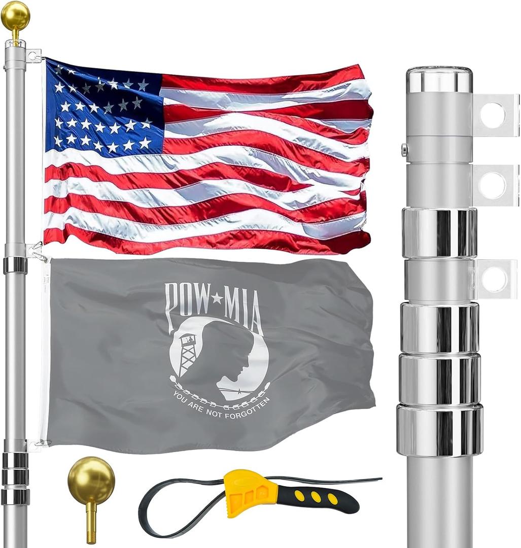 20FT Telescoping Flag Pole for Outside House, Extra Thick Telescopic Flagpole with USA Flag, Inground Outdoor Use, Camper RV, Residential & Commercial, Complete Hardware & Top Ball (Silver)