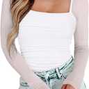 PINKMSTYLE Womens Square Neck Mesh Long Sleeve Bodysuit Shapewear Corset Tops Sexy Concert Outfits Party Shirts (Large, White)