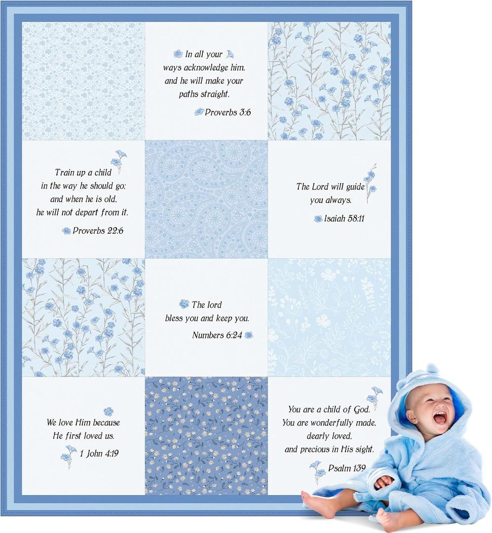 Oudain Christian Baby Blankets with Bible Verses Scripture Flowers Paisley Baby Receiving Baptism Blanket Christian Christening Gifts for Newborn Kids, 30 x 40 Inch(Blue)