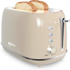 2 Slice Stainless Steel Toaster Retro with 6 Bread Shade Settings, Bagel, Cancel, Defrost Function, 2 Slice Toaster with Extra Wide Slot, Removable Crumb Tray, Tauge (Taupe)