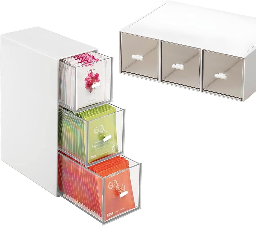 Plastic Tea Bag Organizer with 3 Drawers, Desk Drawer Organizer, Stackable Storage Drawers, White Tea Box, Makeup Organizer, Clear Tea Bag Storage, Coffee Storage for Tea Bags, Sugar Packets, Cosmetic