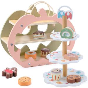 CUTE STONE Wooden Toy Tea Party Set, Kids Dessert Playset with Double-Sided Holiday Stand, Cupcake Stand, Pretend Play Baking Food for Toddler 3-6 Years Old Girls Boys