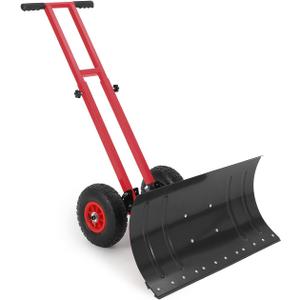 29x14 in Snow Shovel with 5-Position Angled Blade & Adjustable Handle, Heavy Duty Metal Snow Pusher Shovel with Wheels for Driveway, Doorway, Sidewalk, Pavement, Black & Red