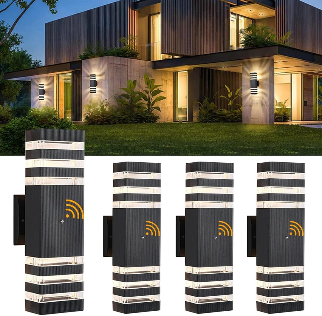 DASTOR 4 Pack Outdoor Wall Lights, Modern Exterior Lighting Fixtures Wall Mount, 2Layer Black Outdoor Lights for House, Up and Down Lights Outdoor Sconces Wall Lighting for Porch Patio Garage