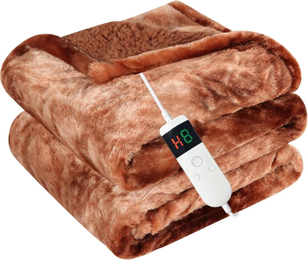 Electric Heated Blanket Throw 50''x60''Size Faux Fur Heating Blanket 10 Heating Settings, 1-8h Timer & Overheat Protection, Machine Washable, Soft Flannel and Sherpa Full Body Warmth (Brown)