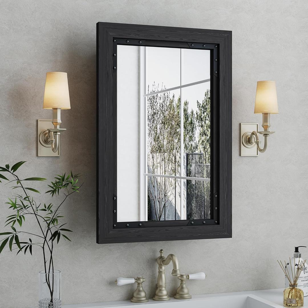 Medicine Cabinet Mirror 16x24 Inch Farmhouse Bathroom Mirror Door Solid Wood Storage Cabinet with Adjustable Shelves, Wall Mounted for Bathroom Living Room, Black