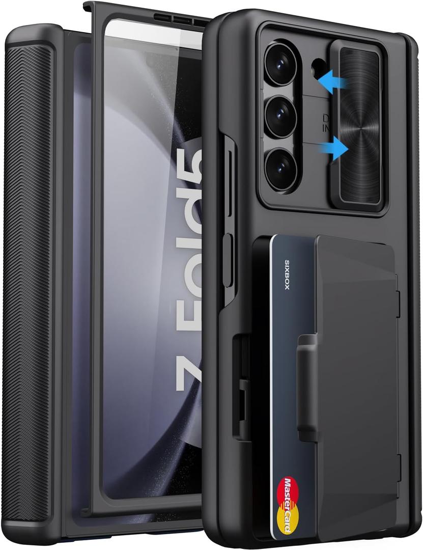 for Samsung Galaxy Z Fold 5 Case with Card Holder & Slide Camera Cover, Built-in Screen Protector & Hinge Protection, Shockproof Durable Wallet Phone Case for Galaxy Z Fold 5 5G 2023, Black