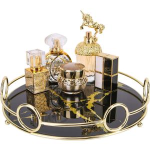Zosenley Makeup Organizer Tray, Decorative Glass Vanity Tray for Perfume, Jewelry and Decor, Round Cosmetic Storage for Dresser, Bathroom Counter, Ottoman and Coffee Table, Size 11.4D x 2.4H