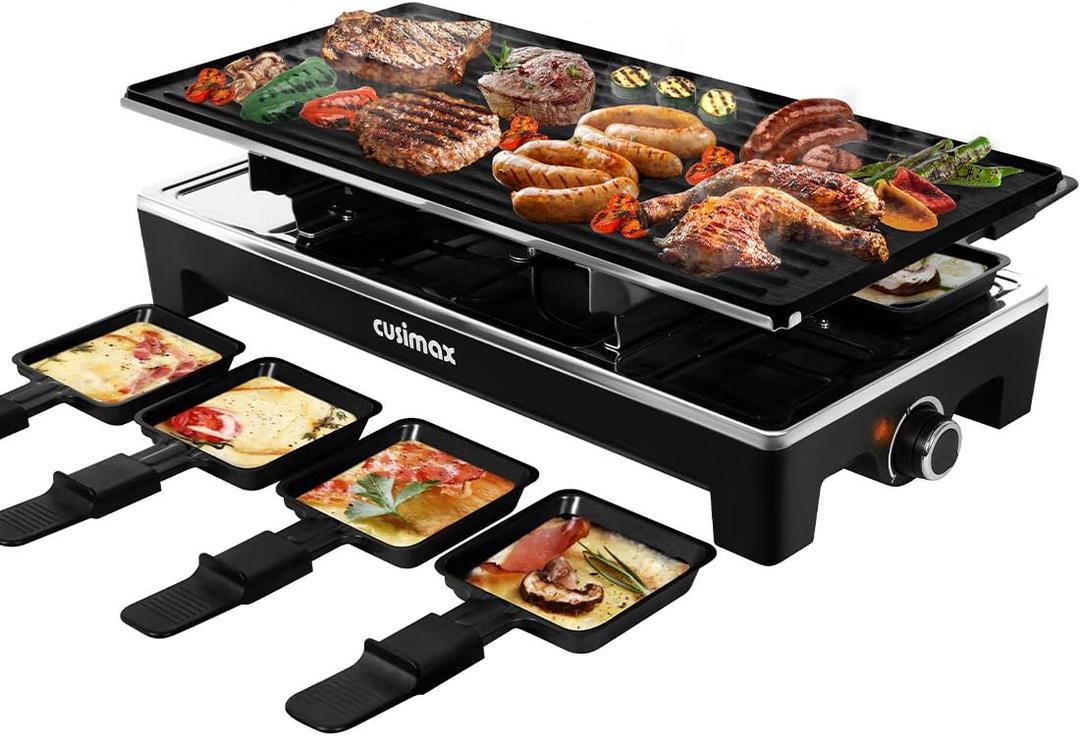 CUSIMAX Raclette Grill Electric Grill Table Portable 2 in 1 Korean BBQ Grill Indoor & Cheese Raclette, Reversible Non-stick plate, Crepe Maker with Adjustable temperature control and 8 Paddles (Black)