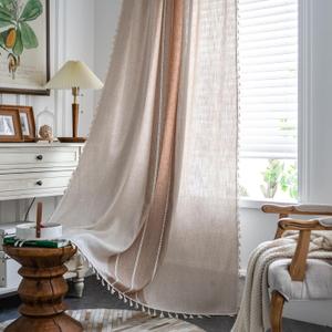 Sutuo Home Boho Curtains 108 inch for Living Room Balcony, Semi Blackout Linen Farmhouse Shabby Chic Tassel Window Treatment Bohemian Embroidery Drape, Rod Pocket 1 Panel 52" W x 108" L, Coffee Linen
